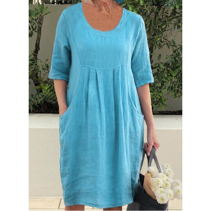 夏季亚马逊独立站新款棉麻褶皱口袋休闲宽松圆领短袖连衣裙女,个性定制/设计服务/DIY,连衣裙加工定制,淘宝优惠券,粉丝福利购,淘宝优惠卷