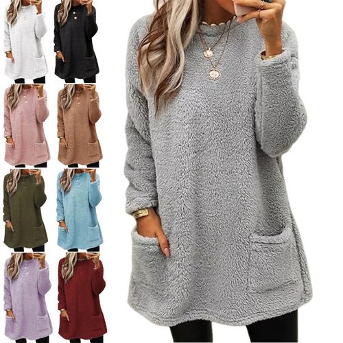 欧美亚马逊独立站跨境新款女装 长袖口袋毛绒卫衣恤上衣