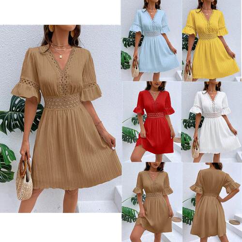 Summer Fashion V-neck Waistband Solid Color Dress 修身连衣裙