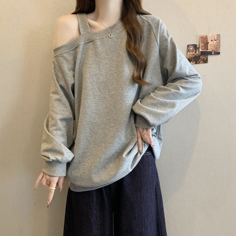 跨境实拍露肩斜领棉质卫衣女秋冬加绒加厚韩版百搭宽松长袖上衣,个性定制/设计服务/DIY,连衣裙加工定制,淘宝优惠券,粉丝福利购,淘宝优惠卷