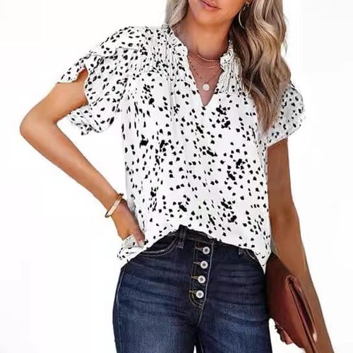 亚马逊跨境女休闲领花卉印花缩褶短袖雪纺衬衫波西米亚上衣