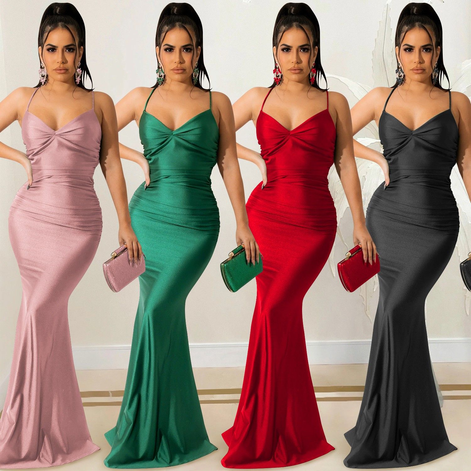 跨境速卖通亚马逊纯色性感吊带裹胸露背绑带紧身长裙连衣裙