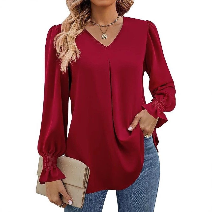 跨境欧美 女装亚马逊新款雪纺衫领套头喇叭长袖上衣衬衣,个性定制/设计服务/DIY,连衣裙加工定制,淘宝优惠券,粉丝福利购,淘宝优惠卷