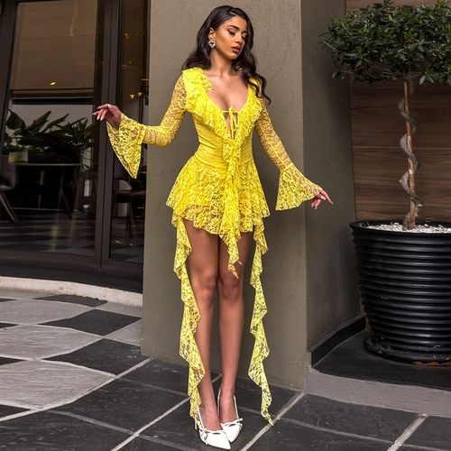 欧美女装蕾丝荷叶飘带长袖带安全裤连衣短裙