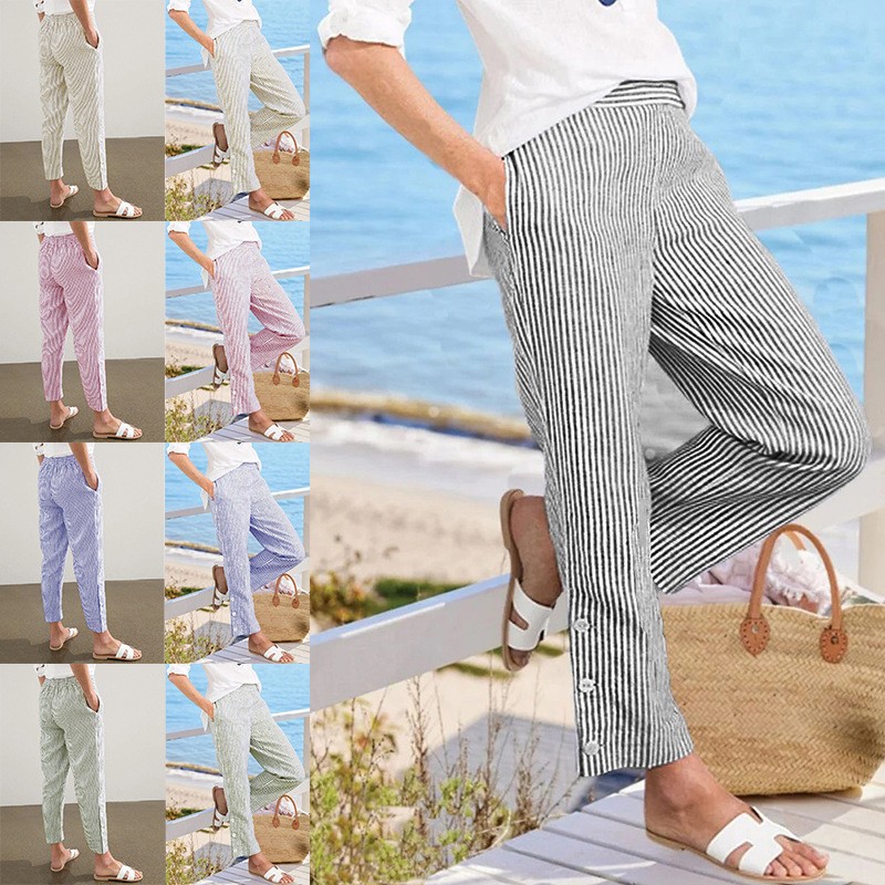 夏秋季外贸新款亚马逊独立站欧美女装条纹休闲裤宽松松紧腰女