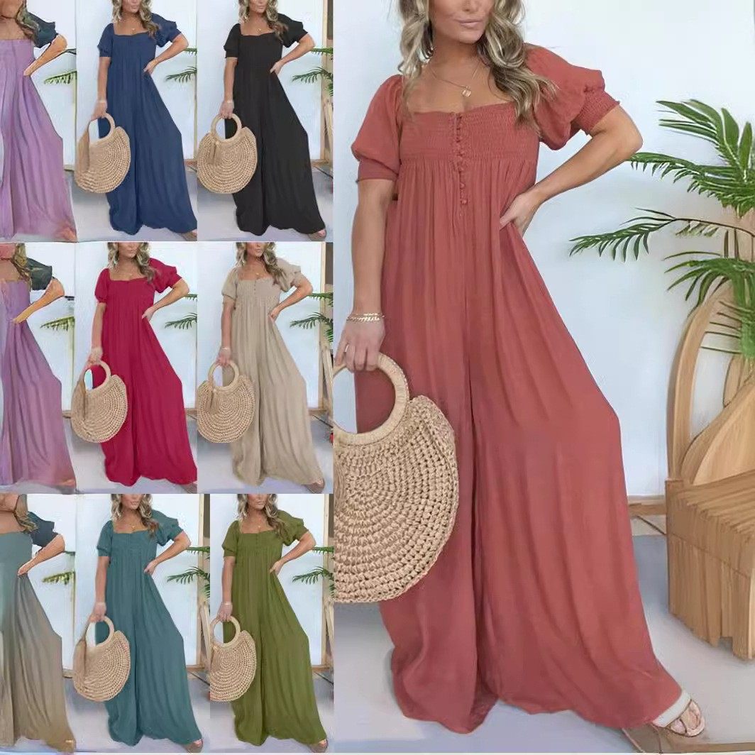 夏季新款亚马逊独立站欧美跨境女装纯色休闲连体裤宽松连体衣