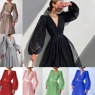 2021春夏新款 波点大摆连衣裙 欧美外贸速卖通亚马逊气质淑女泡泡袖