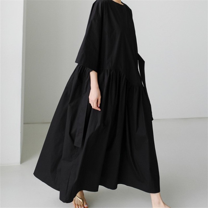 宽松大码连衣裙过膝长款圆领套头打底风学生系带蝴蝶结娃裙