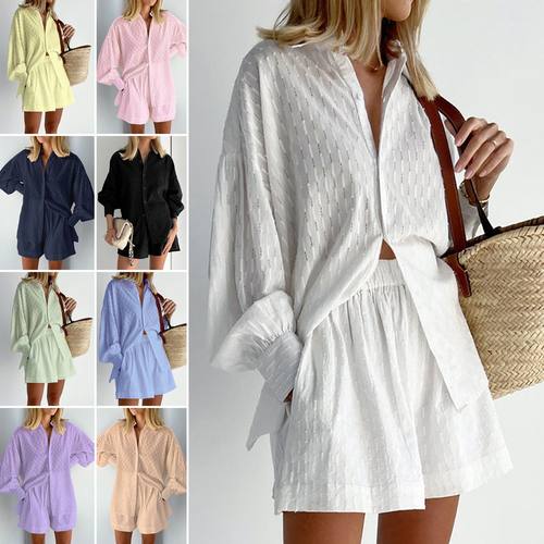 秋季女装欧美衬衣提花泡泡袖气质上衣短裤通勤设计感休闲套装