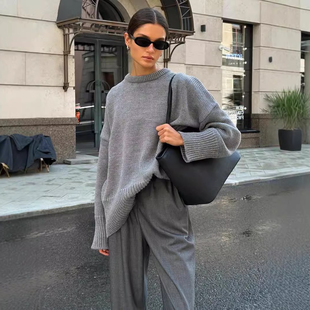 跨境圆领毛衣欧美秋冬新款纯色百搭休闲慵懒套头针织圆领毛衣