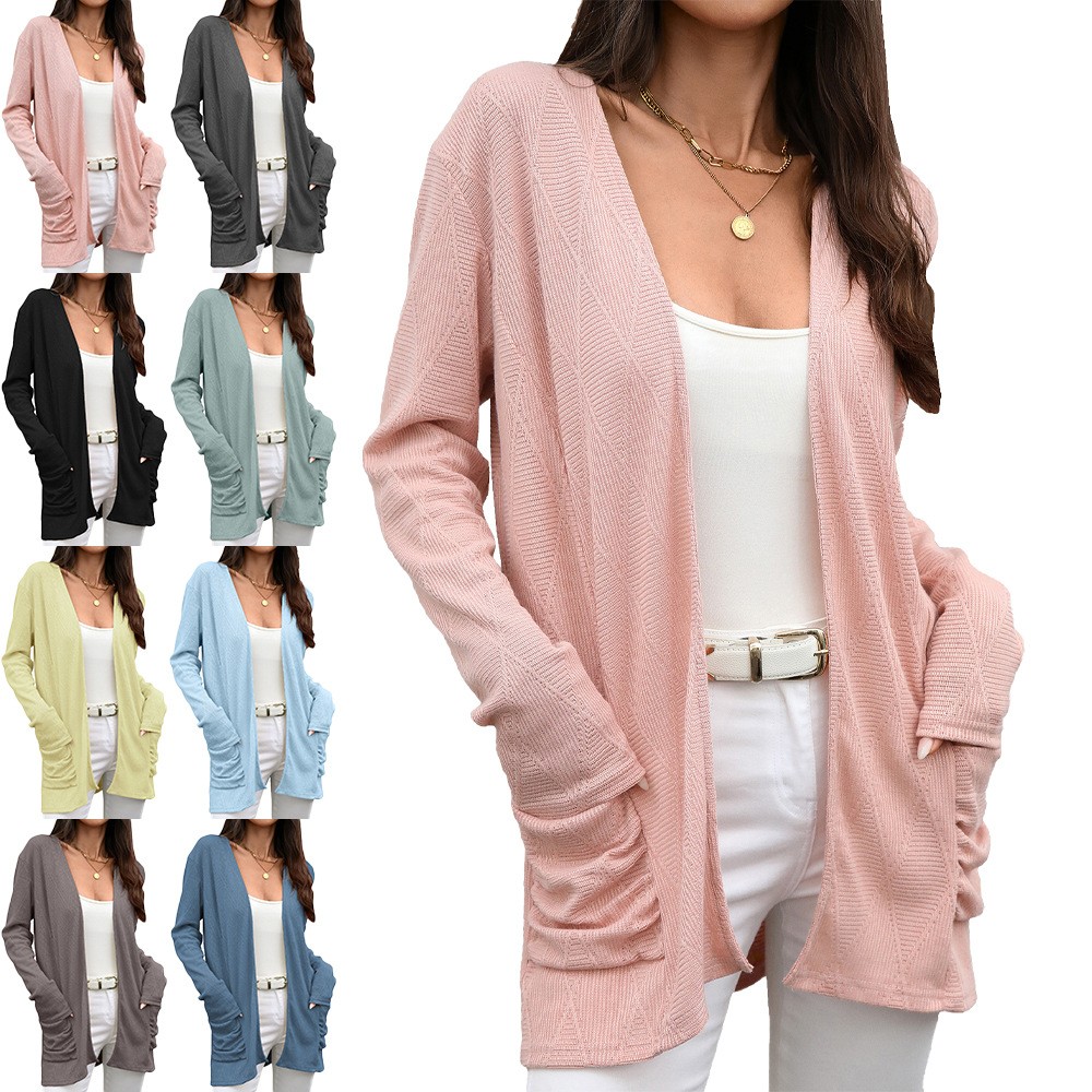 亚马逊欧美跨境外贸秋冬针织开衫纯色中长款长袖口袋外衣女士