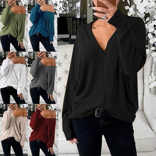 跨境欧美新款个性新款简约大领垮肩袖宽松长袖上衣恤女