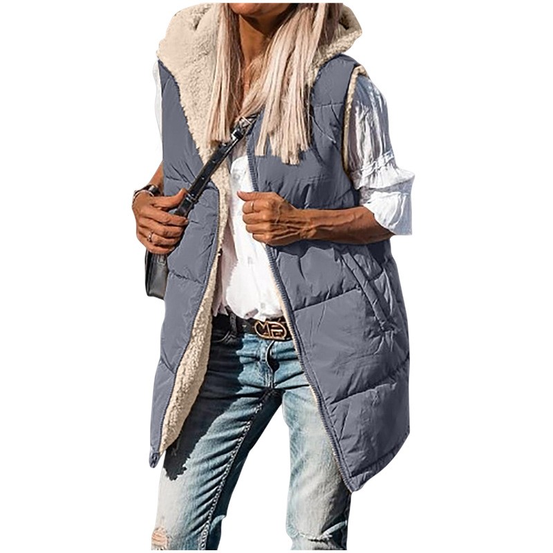 现货亚马逊新品欧美纯色连帽棉服马甲双面穿保暖开衫防风外套