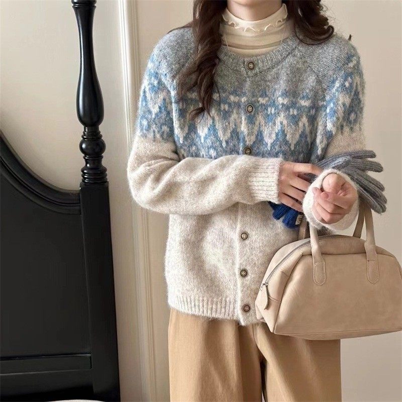 韩系新款复古撞色提花毛衣外套女士秋冬慵懒宽松软糯针织开衫上衣,个性定制/设计服务/DIY,连衣裙加工定制,淘宝优惠券,粉丝福利购,淘宝优惠卷