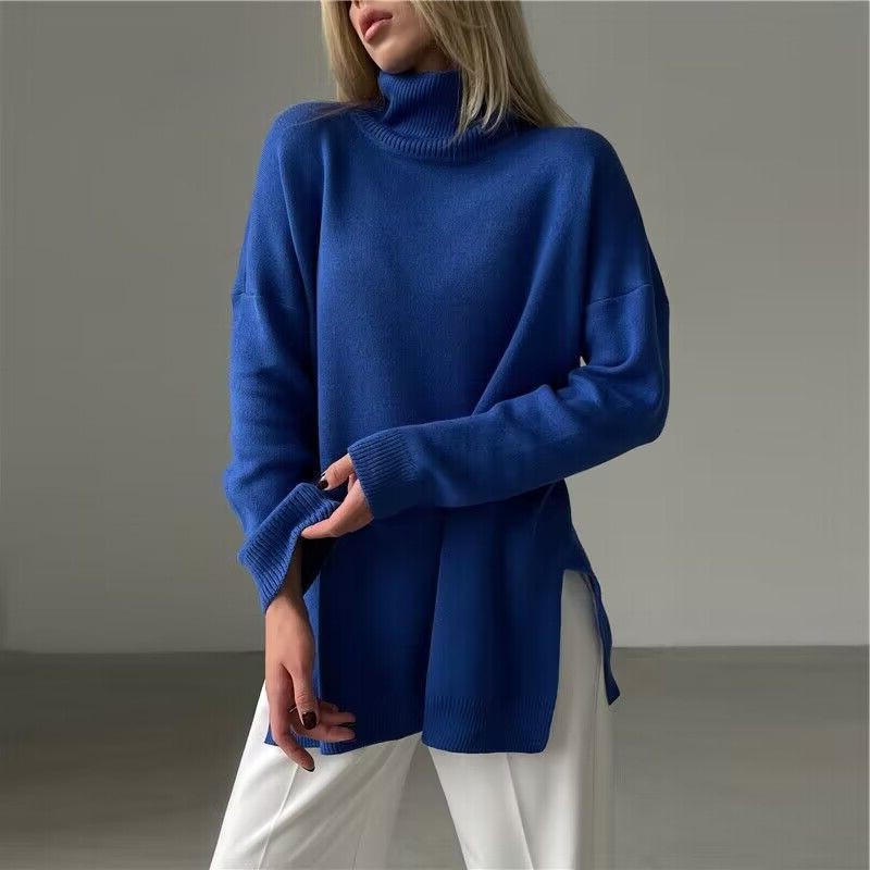 跨境高领毛衣女秋冬新款休闲毛衣欧美风开叉宽松纯色针织毛衣