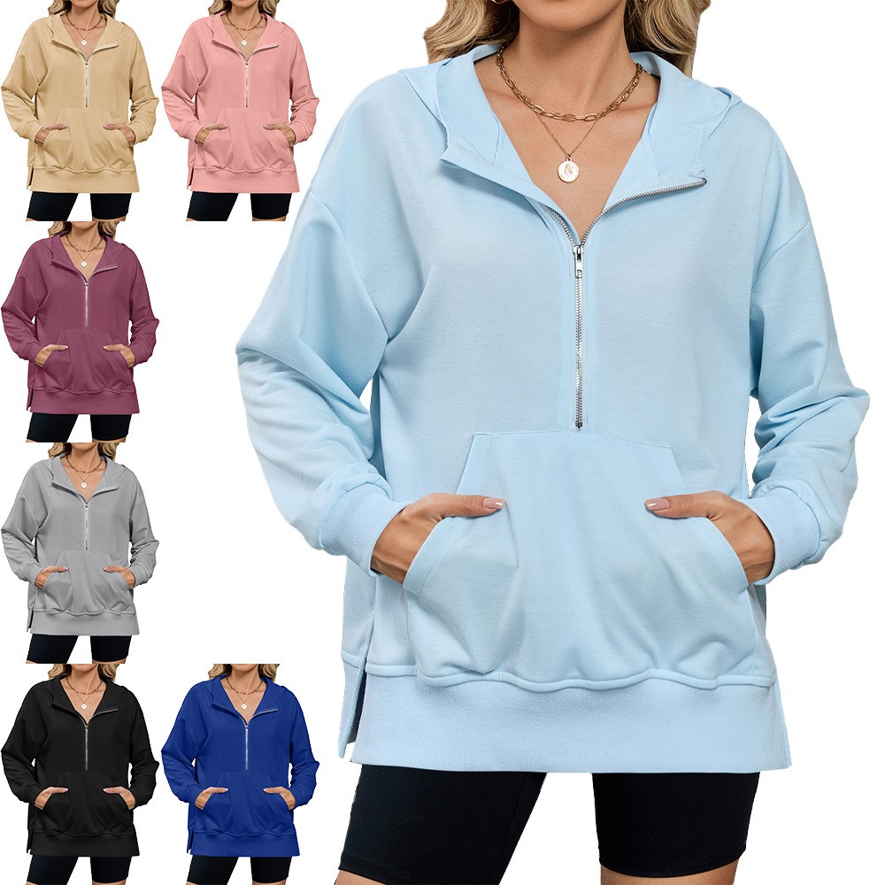 亚马逊欧美跨境外贸秋冬连帽宽松长袖拉链口袋卫衣上衣外套女