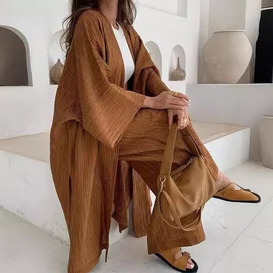 女装2024欧美秋季新款褶皱纹理开叉上衣直筒阔腿裤两件套