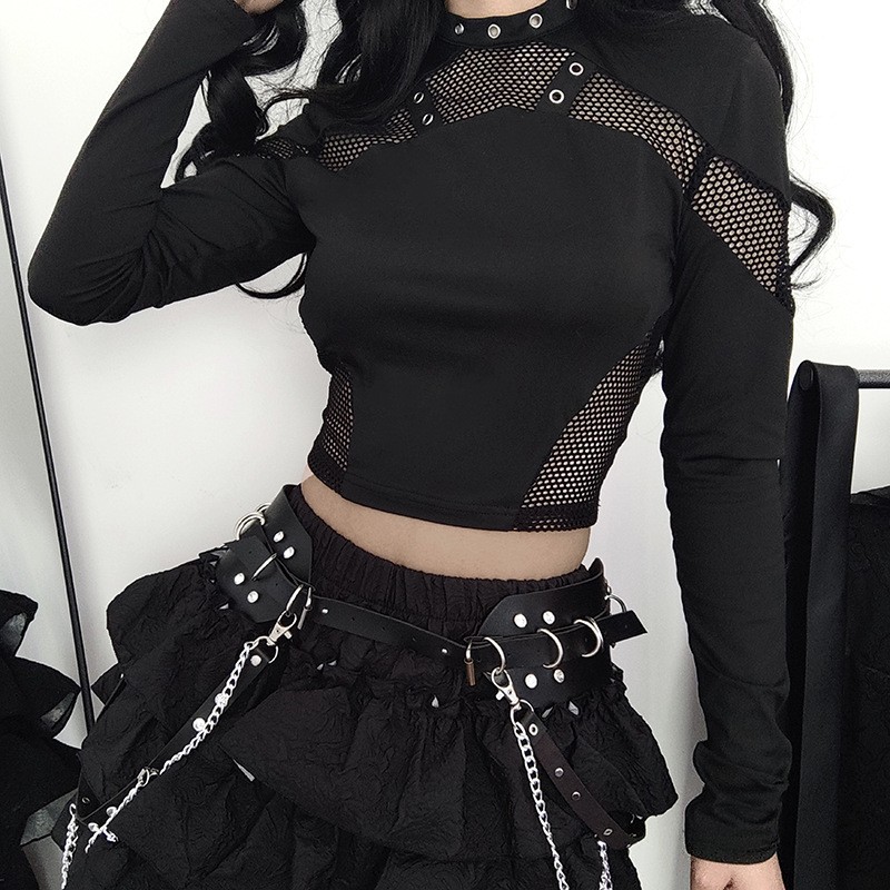 暗黑风网格拼接长袖恤女欧美辣妹街拍性感镂空新款上衣潮