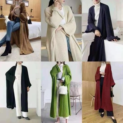 秋冬新款宽松长款针织开衫慵懒风过膝粗线胖大码毛衣外套女厚