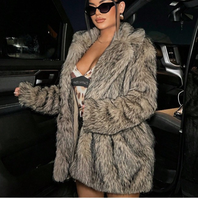 亚马逊秋冬皮草外套女长款西装领大衣休闲保暖时尚风衣女装潮