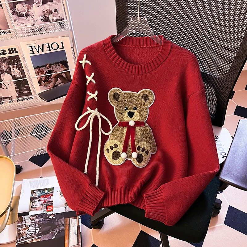秋冬圣诞款新年红色洋气卡通小熊针织衫减龄显瘦甜美蝴蝶结毛衣女,个性定制/设计服务/DIY,连衣裙加工定制,淘宝优惠券,粉丝福利购,淘宝优惠卷