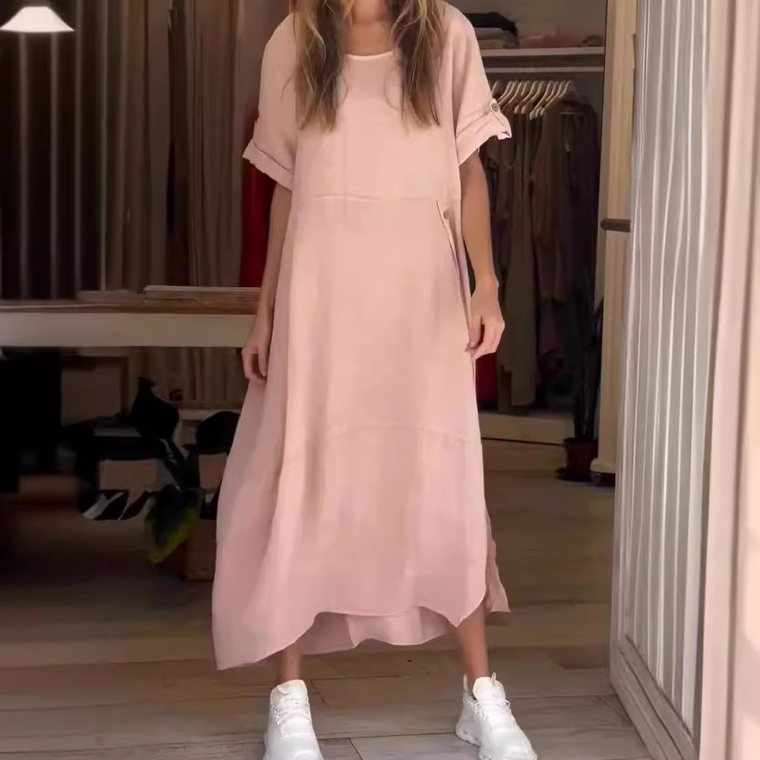 亚马逊新款欧美跨境女装夏季风宽松休闲纯色短袖棉麻连衣裙