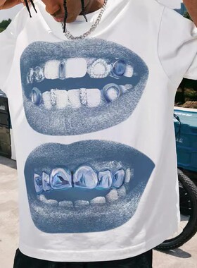 牙钻嘴巴潮牌短袖宽松嘻哈街头休闲情侣T恤趣味创意TEE男装上衣