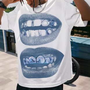 牙钻嘴巴潮牌短袖宽松嘻哈街头休闲情侣T恤趣味创意TEE男装上衣