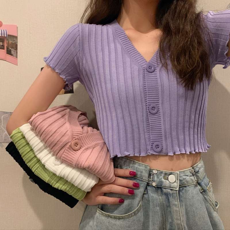 复古领修身打底短袖针织外搭开衫女夏季百搭木耳边短款薄款上衣
