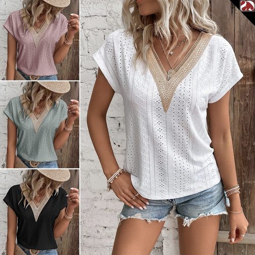 现货亚马逊夏季外贸领蕾丝拼接提花恤爆款宽松休闲女士上衣