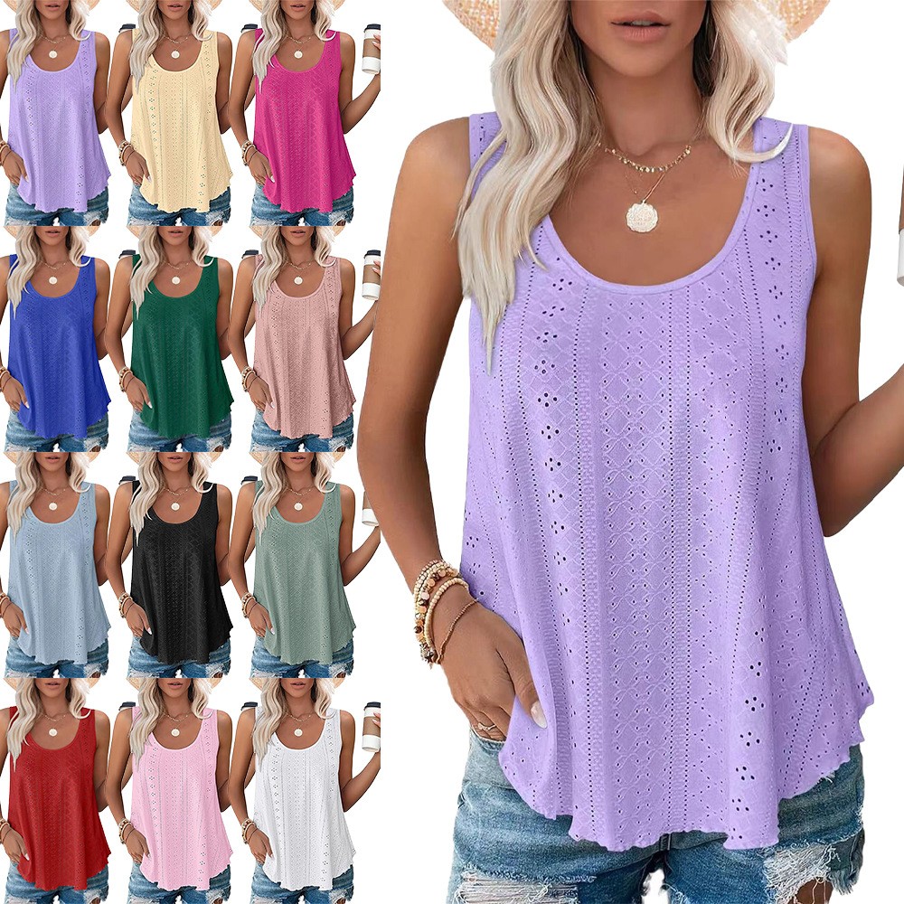 亚马逊独立站欧美跨境外贸春夏新款圆领宽松无袖恤上衣现货