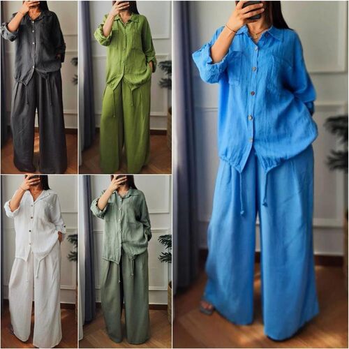 2024欧美休闲宽松棉麻纯色衬衫纽扣阔腿裤2件套