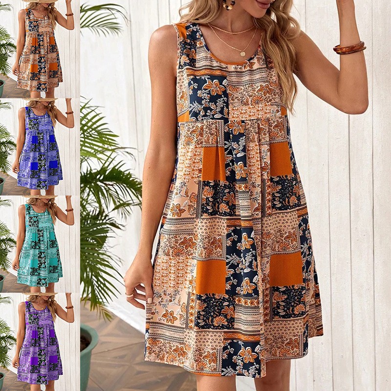 春夏欧美跨境新款女装亚马逊独立站女士潮流印花连衣裙女