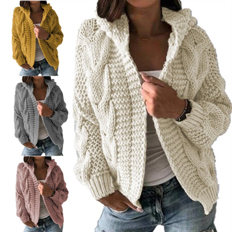 欧美跨境亚马逊新款外贸秋冬纯色粗线麻花针织短款毛衣外套女