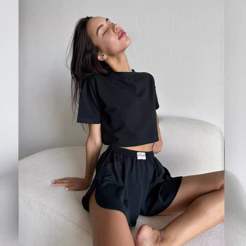 欧美外贸跨境慢跑运动风套装短袖上衣阔腿裤短裤沙滩休闲两件套