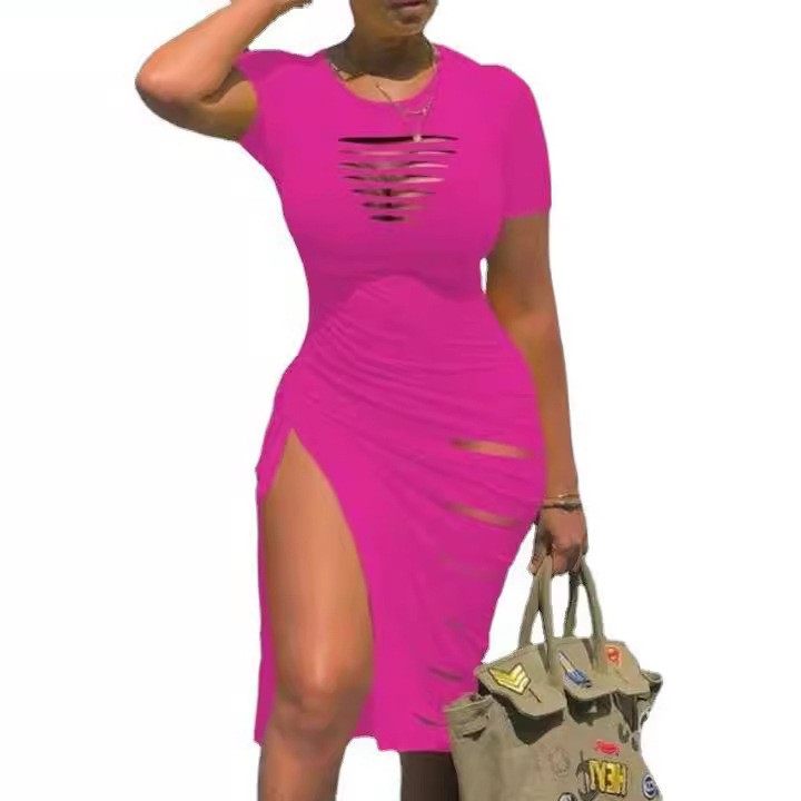 年欧美亚马逊速卖通性感圆领短袖破洞开叉收褶连衣裙,个性定制/设计服务/DIY,连衣裙加工定制,淘宝优惠券,粉丝福利购,淘宝优惠卷