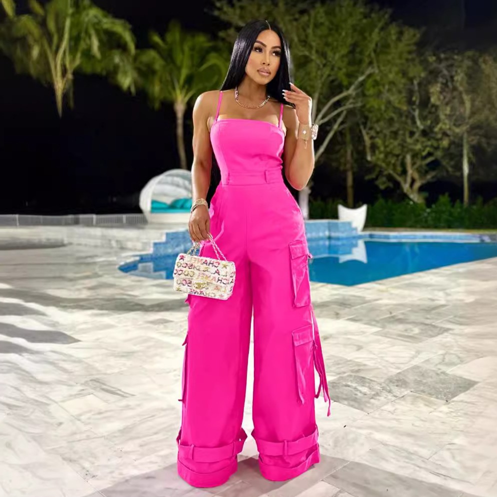 欧美新款跨境女装性感抹胸多口袋工装连体裤阔腿连体裤