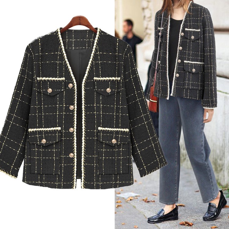 亚马逊速卖通外贸秋冬款大码女装宽松复古小香风格子毛呢短外套女