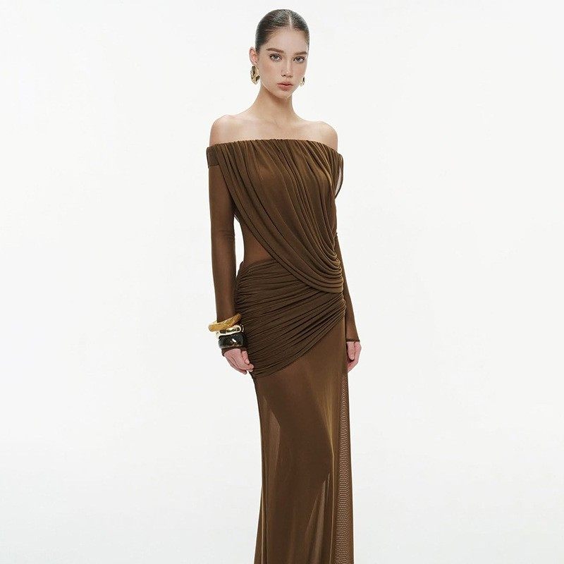 欧美风秋冬跨境新款辣妹性感一字领长袖设计感纯色连衣裙女装,个性定制/设计服务/DIY,连衣裙加工定制,淘宝优惠券,粉丝福利购,淘宝优惠卷