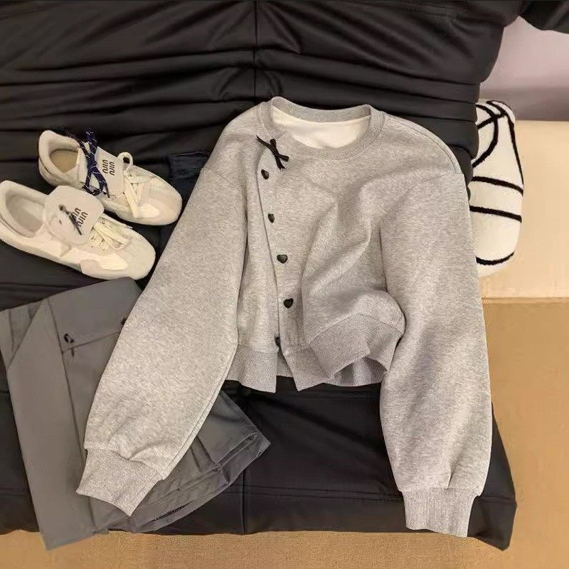 跨境欧美风圆领长袖卫衣女春秋薄款韩版宽松纽扣短款开衫上衣,个性定制/设计服务/DIY,连衣裙加工定制,淘宝优惠券,粉丝福利购,淘宝优惠卷