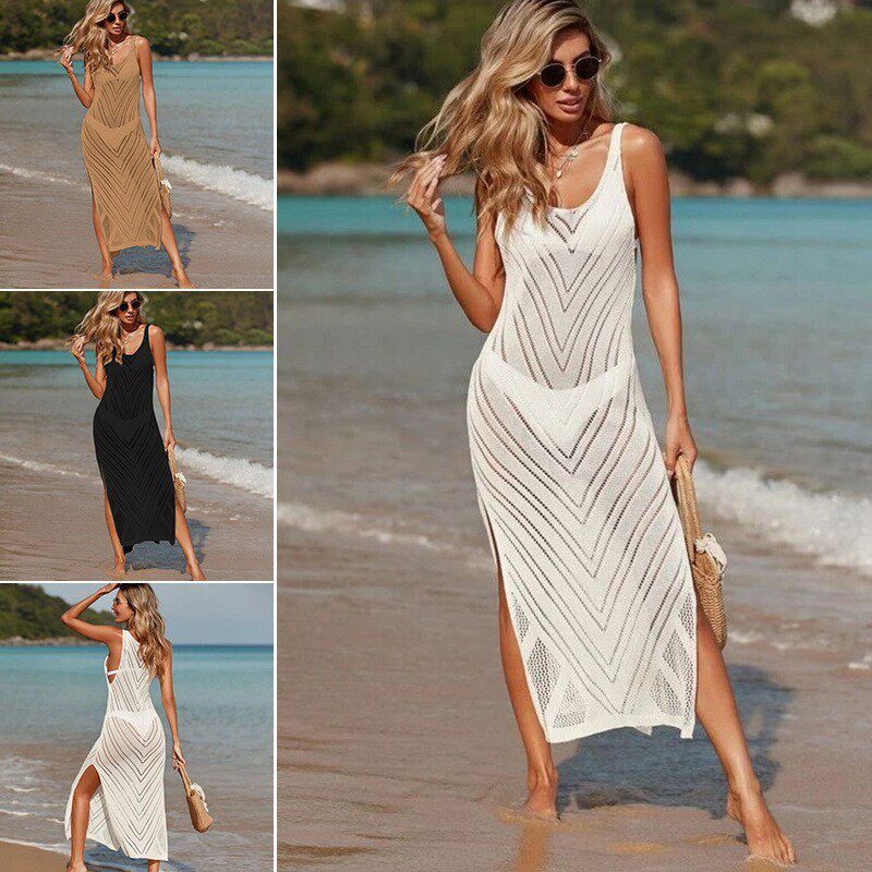 欧美夏季新款沙滩裙女纯色性感针织镂空沙滩比基尼泳衣罩衫防晒服