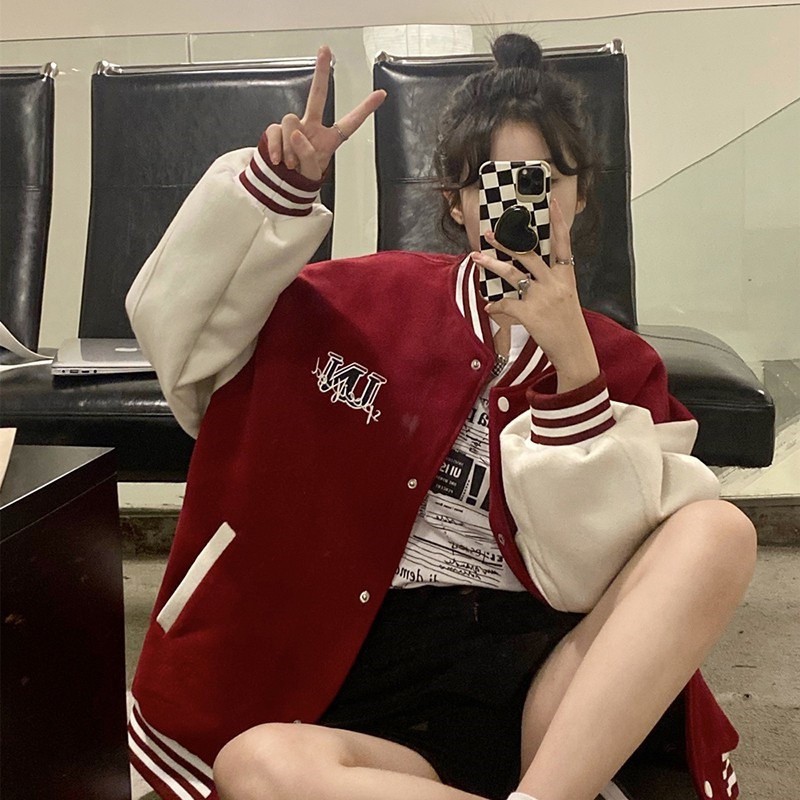 毛巾绣+双螺口加绒加厚棒球服女装冬季潮韩版百搭慵懒风外套