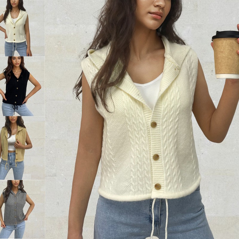 速卖通新款欧美秋冬背心针织衫跨境麻花连帽无袖开衫马甲毛衣外套