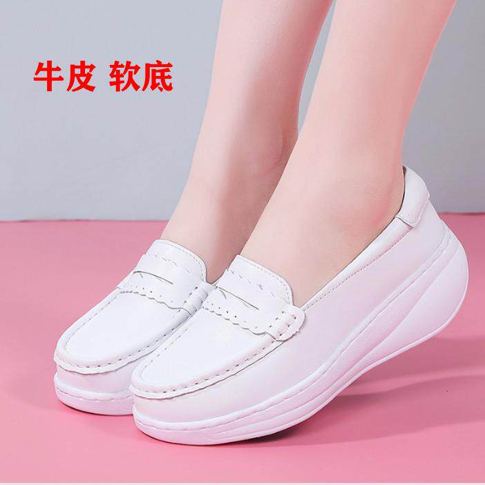 真皮厚底乐福鞋女一脚蹬软底舒适坡跟休闲豆豆鞋白色