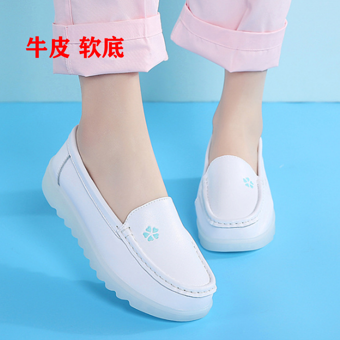 真皮护士鞋女软底厚底豆豆鞋白色一脚蹬舒适不累脚乐福鞋四季单鞋