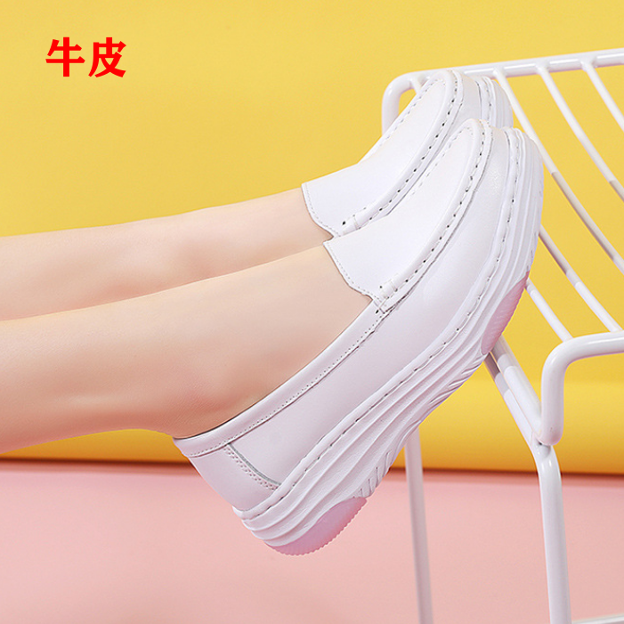 春夏白色女鞋坡跟豆豆鞋厚底护士鞋真皮四季单鞋休闲鞋舒适白鞋子