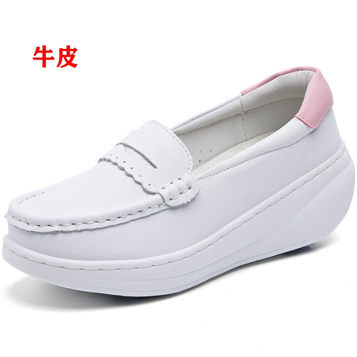 牛皮厚底乐福鞋休闲女鞋一脚蹬懒人鞋白色增高不累脚春夏四季单鞋