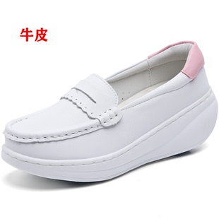 牛皮厚底乐福鞋休闲女鞋一脚蹬懒人鞋白色增高不累脚春夏四季单鞋
