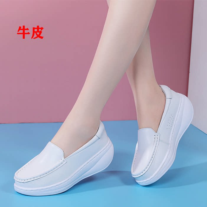 2026春夏新款白色牛皮厚底乐福鞋休闲女鞋一脚蹬软底护士鞋单鞋子