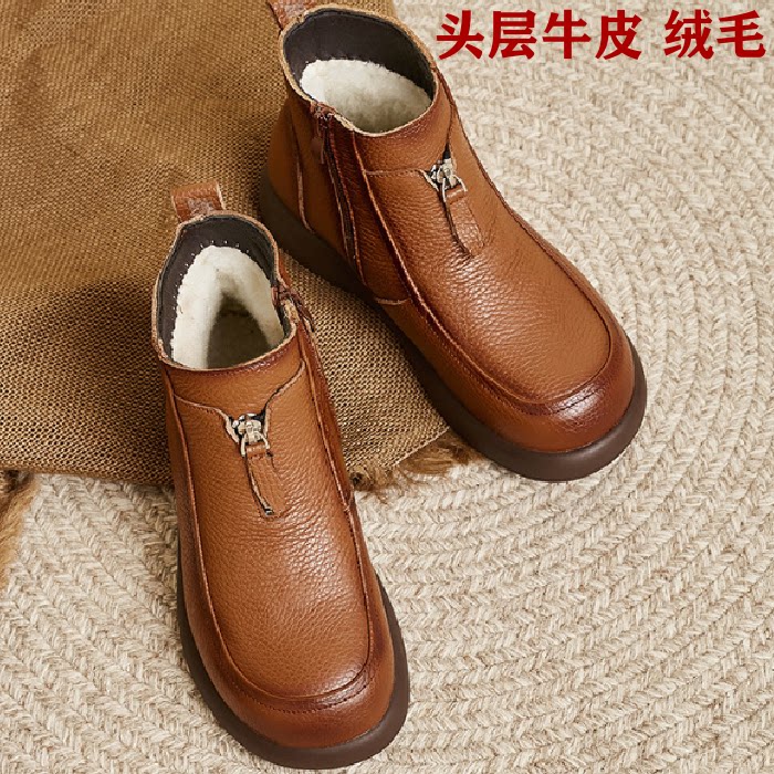 头层牛皮加绒保暖高帮妈妈棉鞋